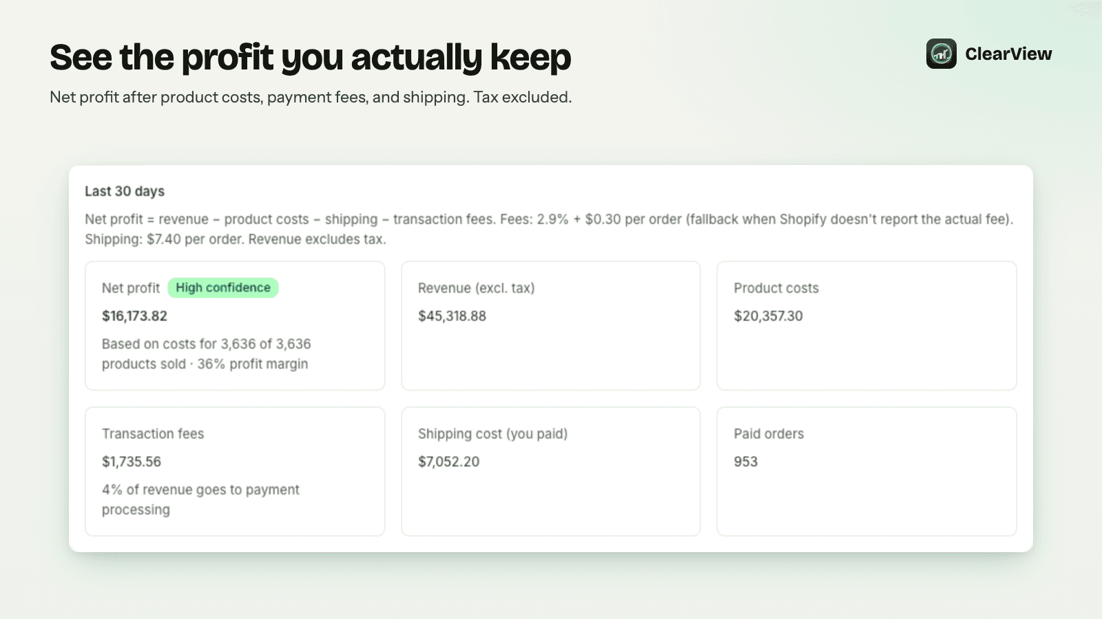 ClearView 30-day dashboard showing net profit, revenue, product costs, transaction fees, shipping cost and paid orders