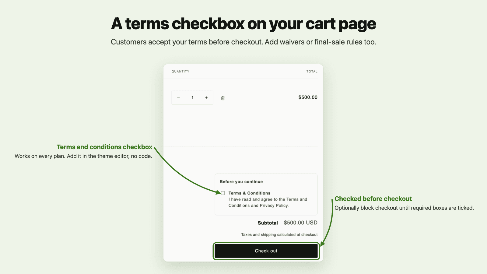 ConsentGuard terms and conditions checkbox on a Shopify cart page, above the checkout button
