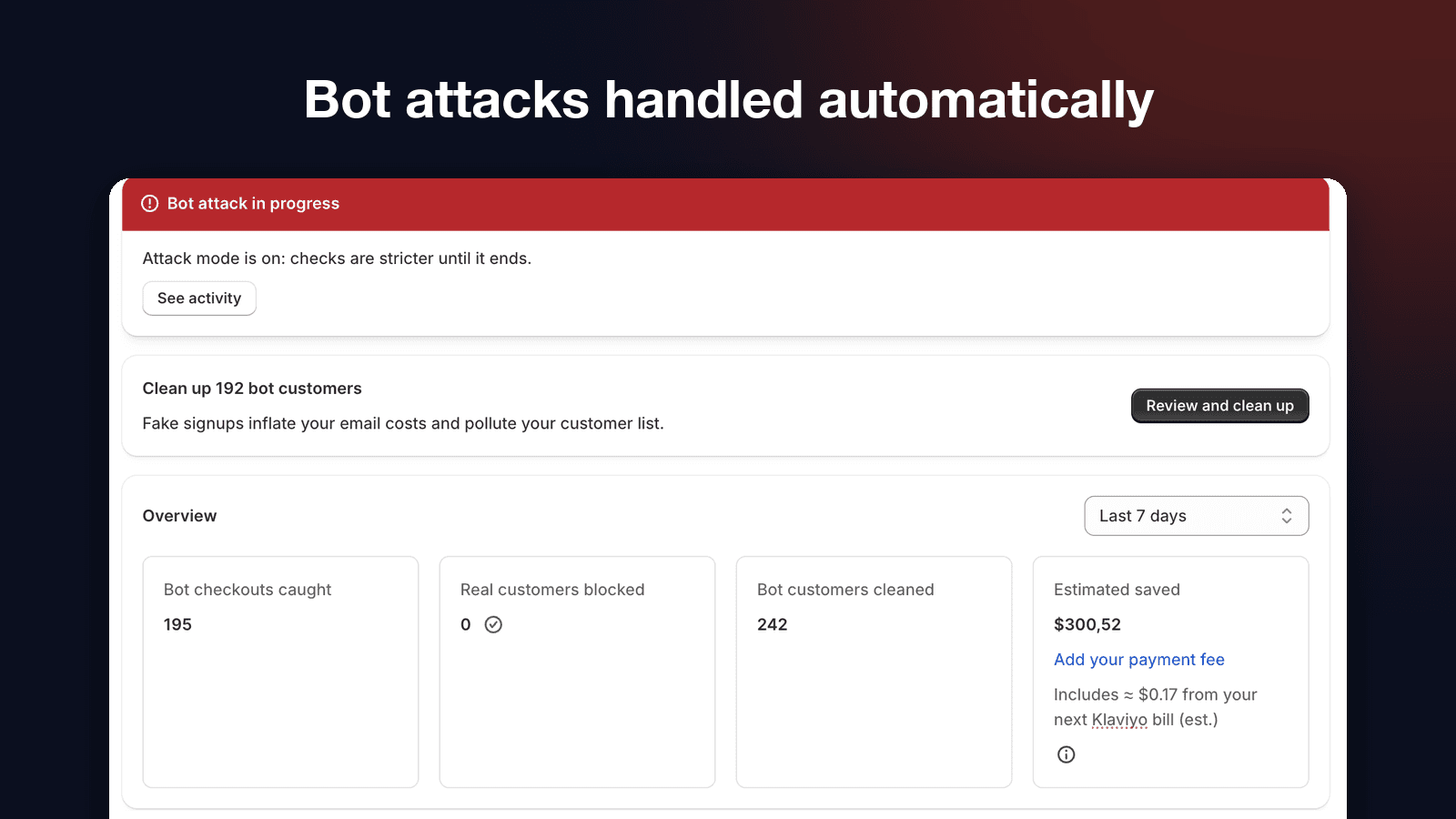 Linesman dashboard during a bot attack: attack mode on, bot checkouts caught, fake customers to clean up and estimated savings